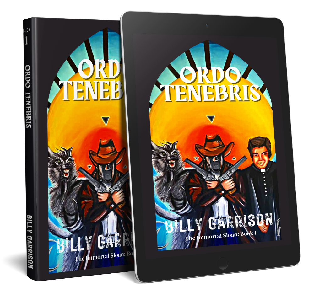 Ordo Tenebris paperback and Kindle books with Sloan, Freya, and Zeke standing in an archway on the cover